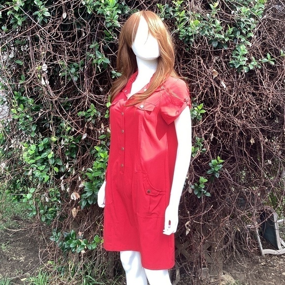 Zenergy By Chicos Red Snap High Or Low Collar Knee Length Dress - Picture 7 of 8